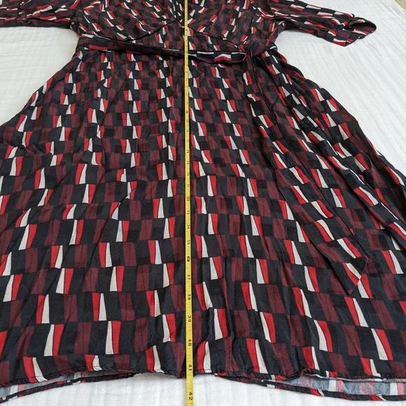 Cefinn Satin Midi Dress 14 Geometric Print V-Neck Waist Tie Work Office Classic - Picture 9 of 13